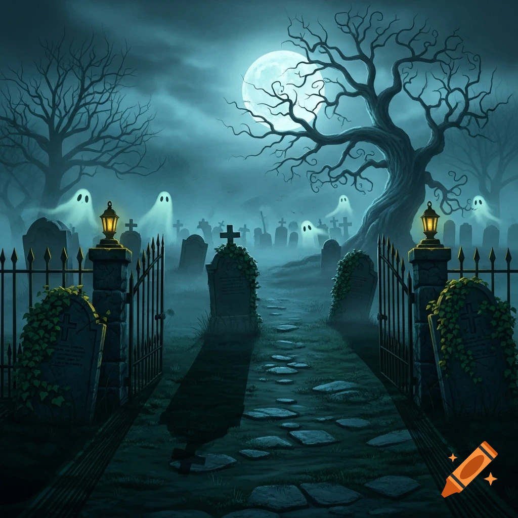 A spooky graveyard at night with glowing white ghosts, numerous tombstones, bare gnarled trees, and a bright full moon.