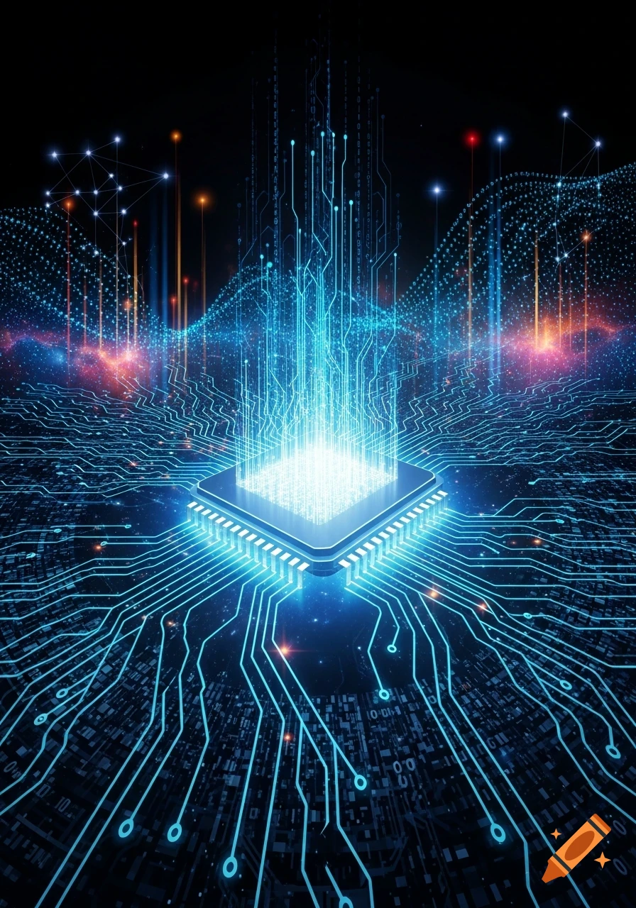 A glowing computer chip on a circuit board with bright blue data streams flowing upwards and outwards, surrounded by abstract digital patterns and light effects against a dark background, representing a central processing unit or artificial intelligence.