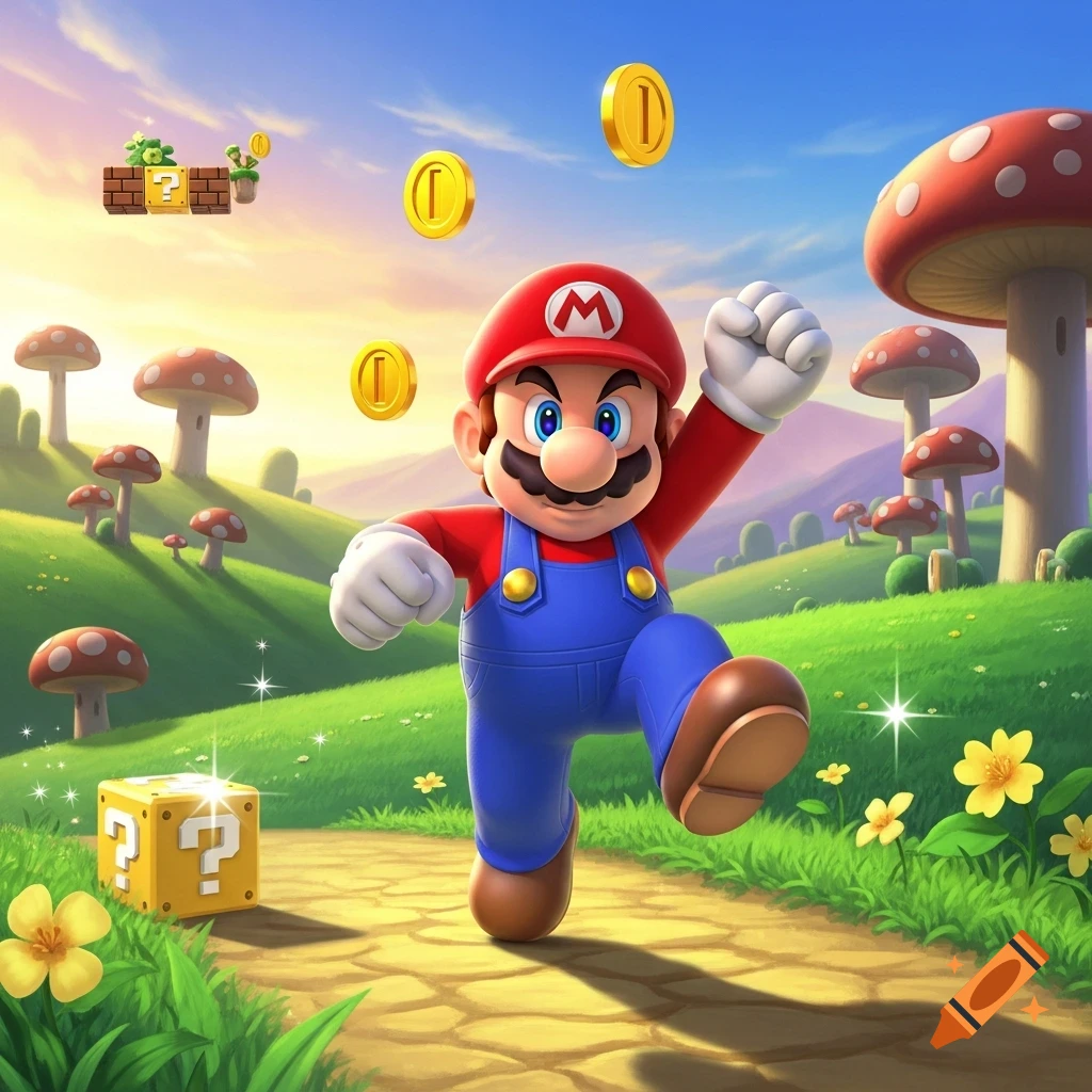 Super Mario runs on a stone path in a vibrant green landscape with red-capped mushrooms, flying gold coins, and a yellow question block under a blue sky.