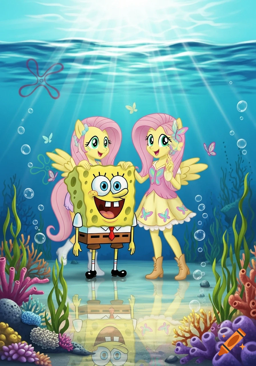 Spongebob Squarepants and two yellow Fluttershy Equestria Girls characters stand together underwater amidst coral and seaweed.