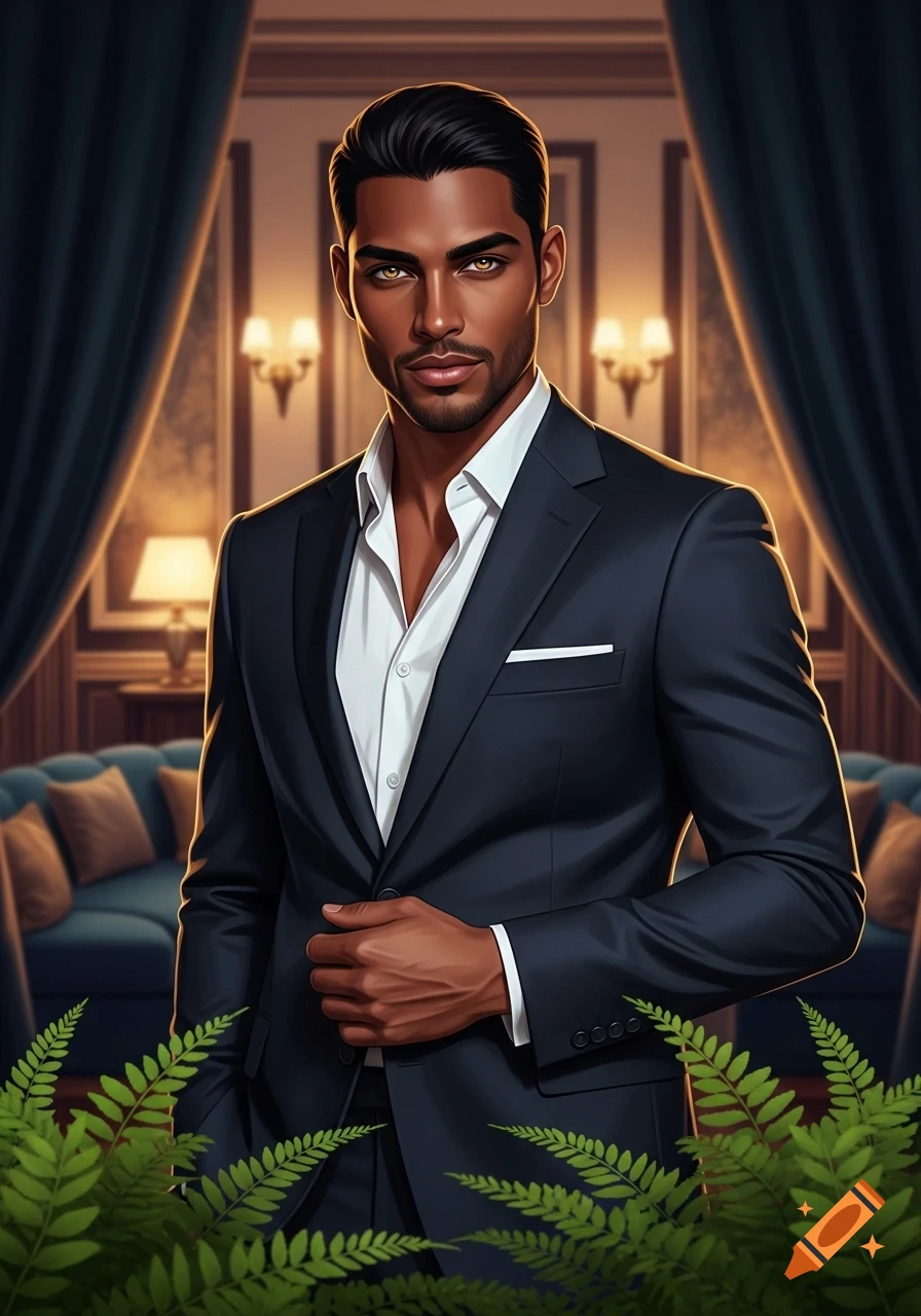 Stylized portrait of a handsome dark-skinned man in a suit with amber eyes, standing in an elegant room with ferns.