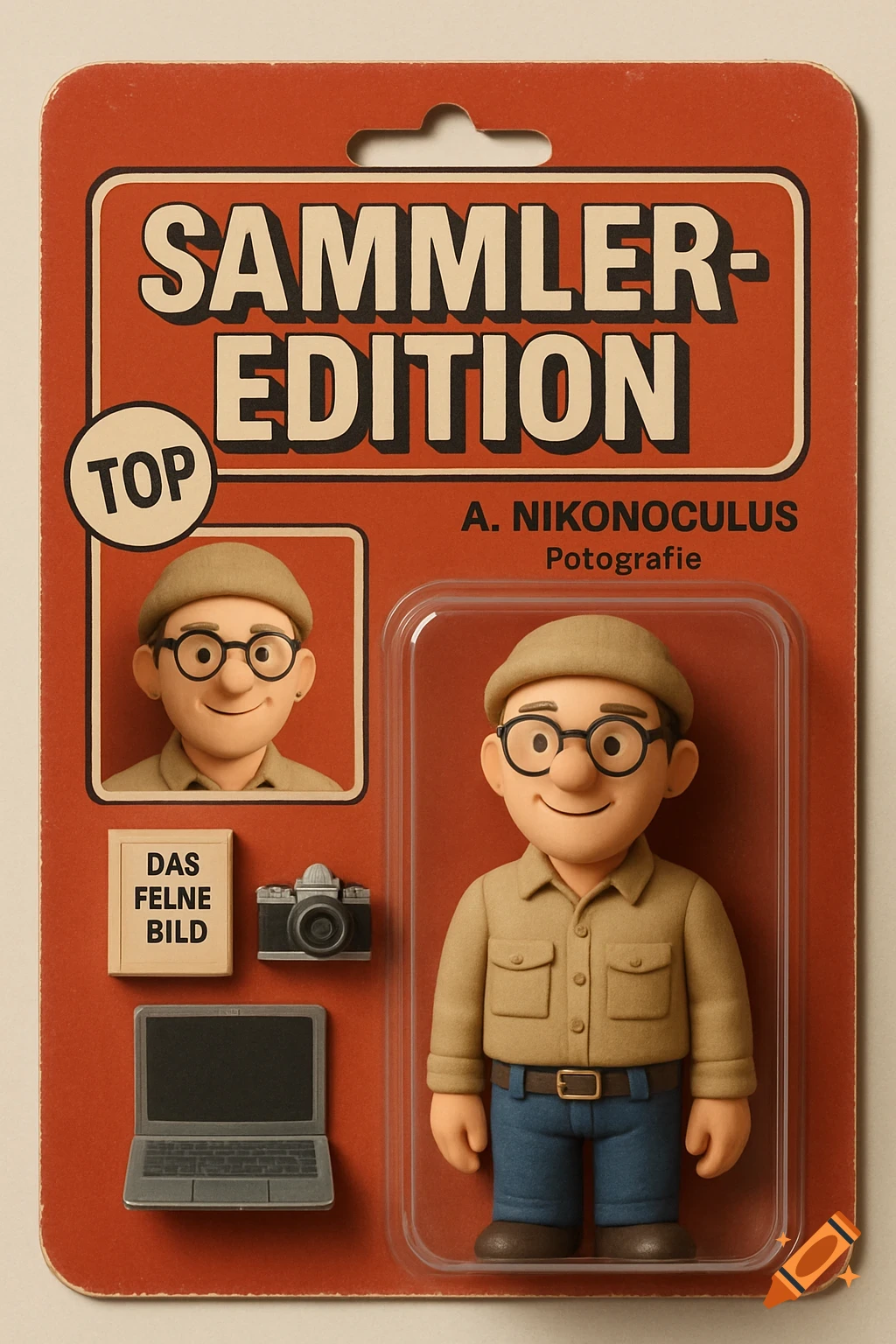 A 3D rendered cartoon-style action figure of a man in a tan shirt and blue jeans, in retro blister packaging with accessories like a camera and laptop.
