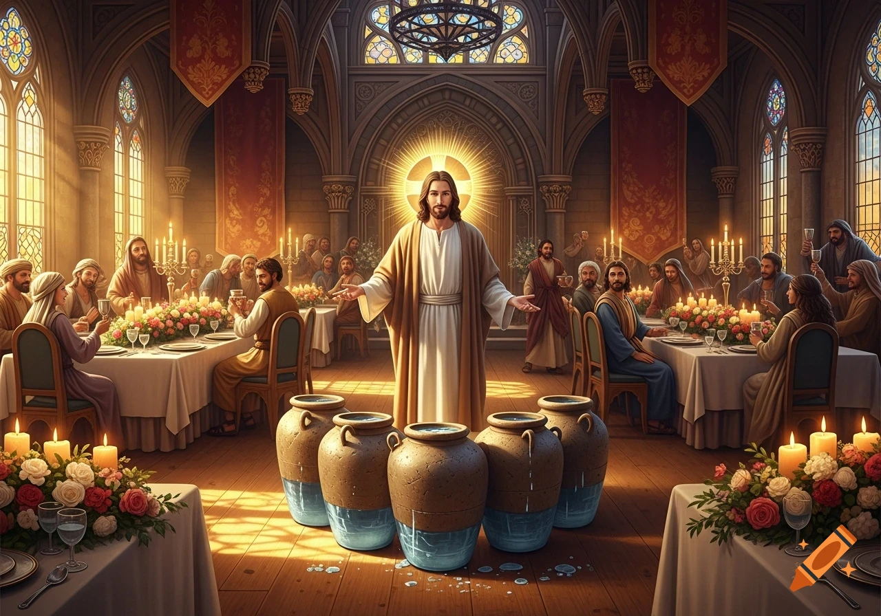 Jesus stands with outstretched arms before six large water pots, surrounded by guests at a feast in a grand hall with stained glass windows.