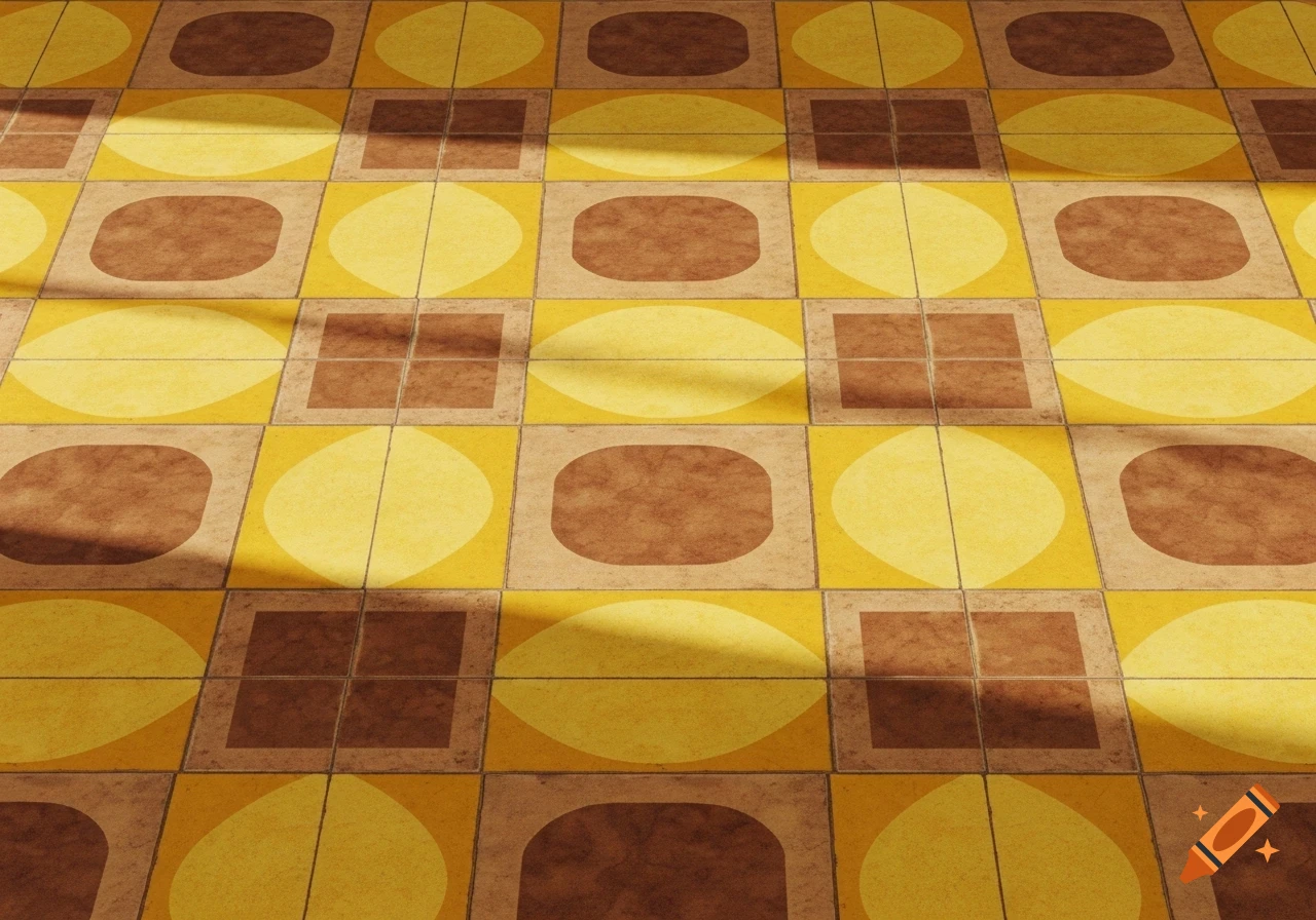 A tiled floor with yellow and brown geometric patterns and natural lighting.