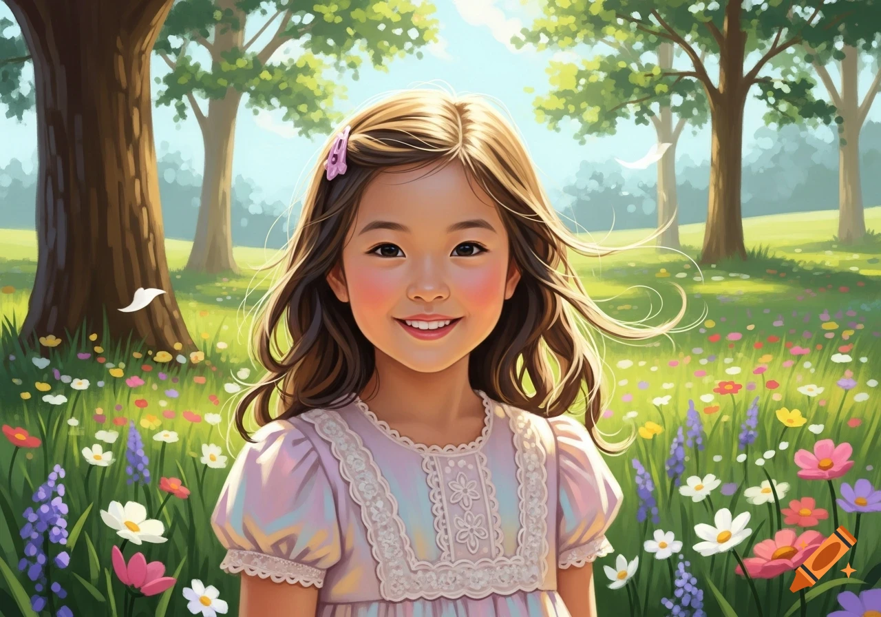 Smiling young girl in a pink dress in a vibrant wildflower field with ...