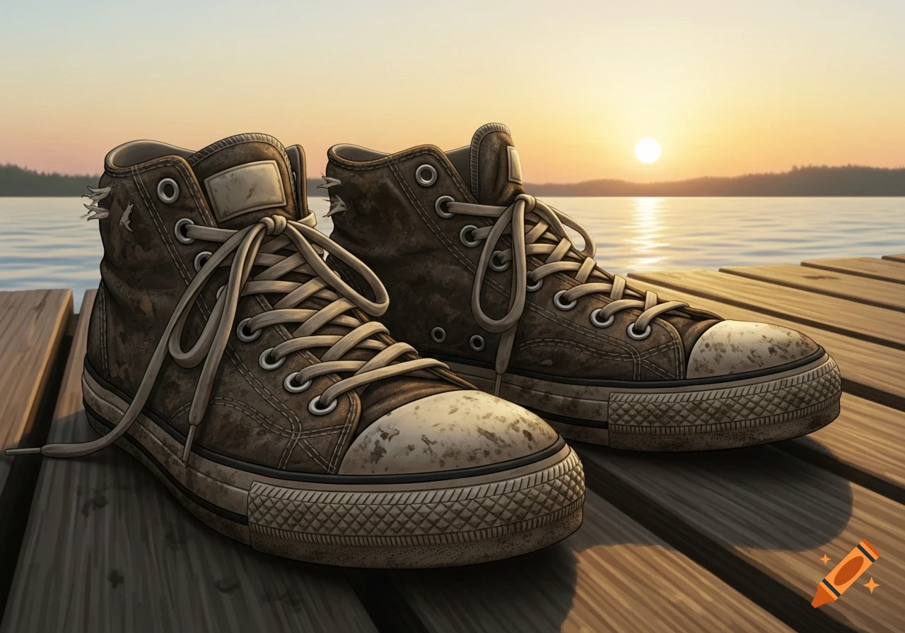 A pair of dirty brown high-top sneakers rests on a wooden dock, overlooking a calm lake at sunset.