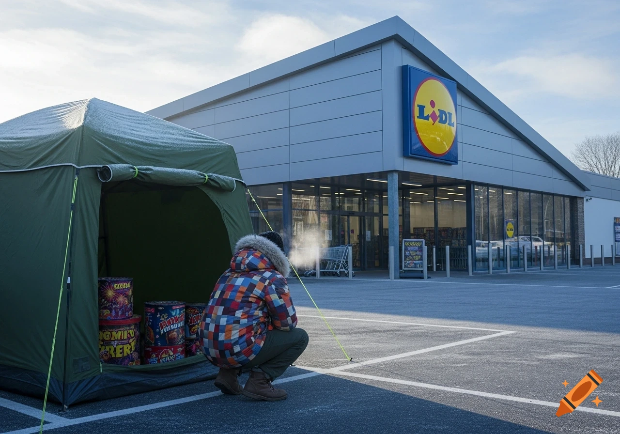 Person in colorful jacket crouches by a green tent with fireworks outside a Lidl supermarket on a cold morning.