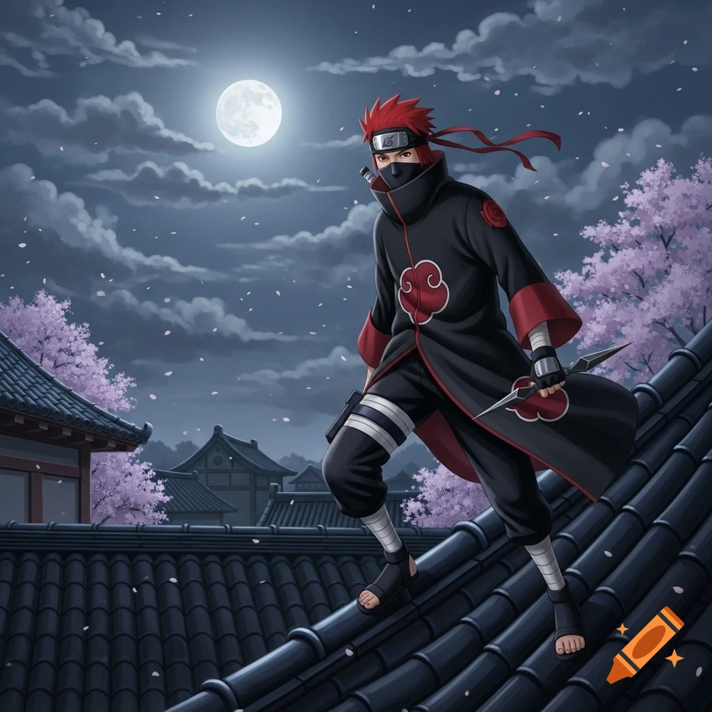 Anime ninja with red hair and a black cloak posing on a dark rooftop under a full moon with pink cherry blossoms.