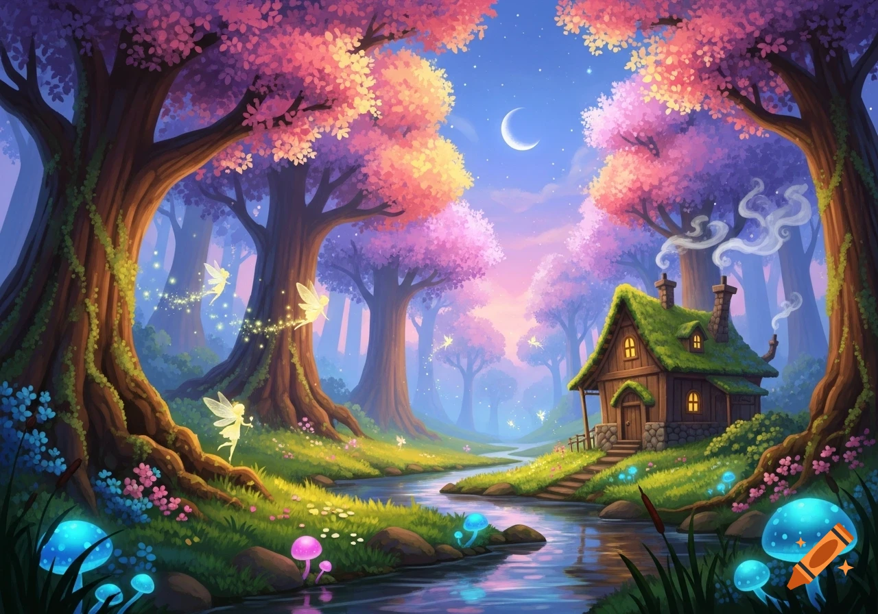 A whimsical fantasy forest scene with a cozy cottage, winding river, glowing mushrooms, and fairies among pink and purple trees.