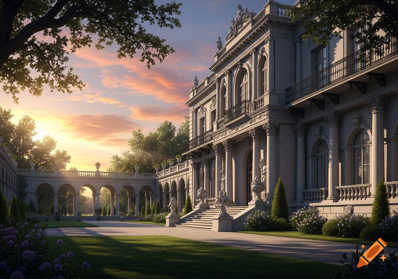 A grand, ornate classical mansion with a large garden and arched walkway under a vibrant sunset sky.