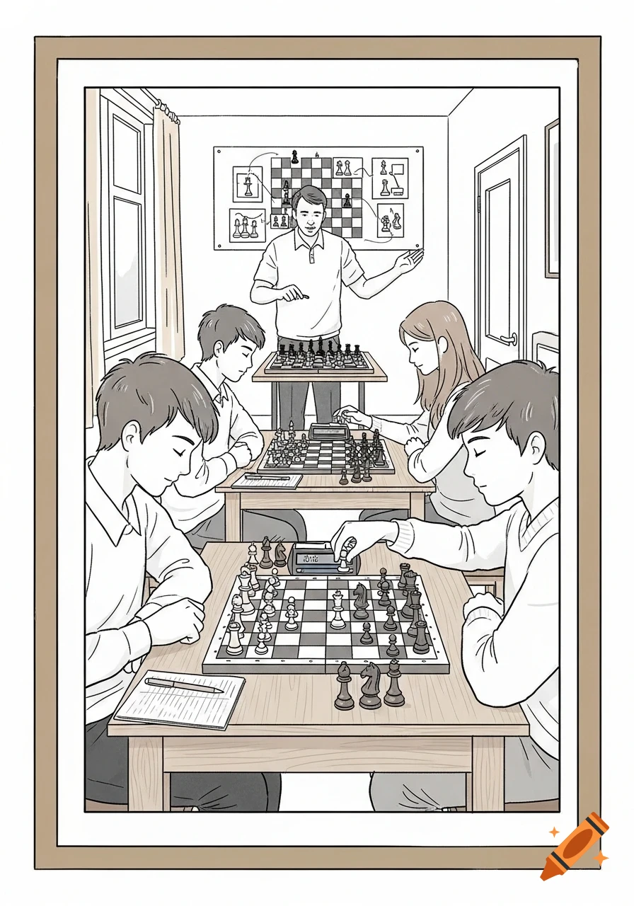 Hand-drawn sketch of a youth chess training session with a coach and several teenagers playing chess and taking notes.
