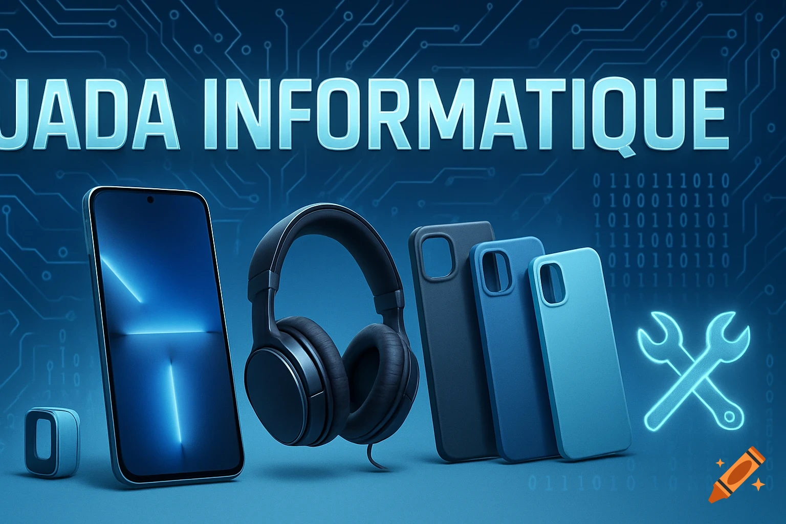 A tech banner with 'JADA INFORMATIQUE' text, a smartphone, headphones, phone cases, and a wrench icon on a blue circuit board background.