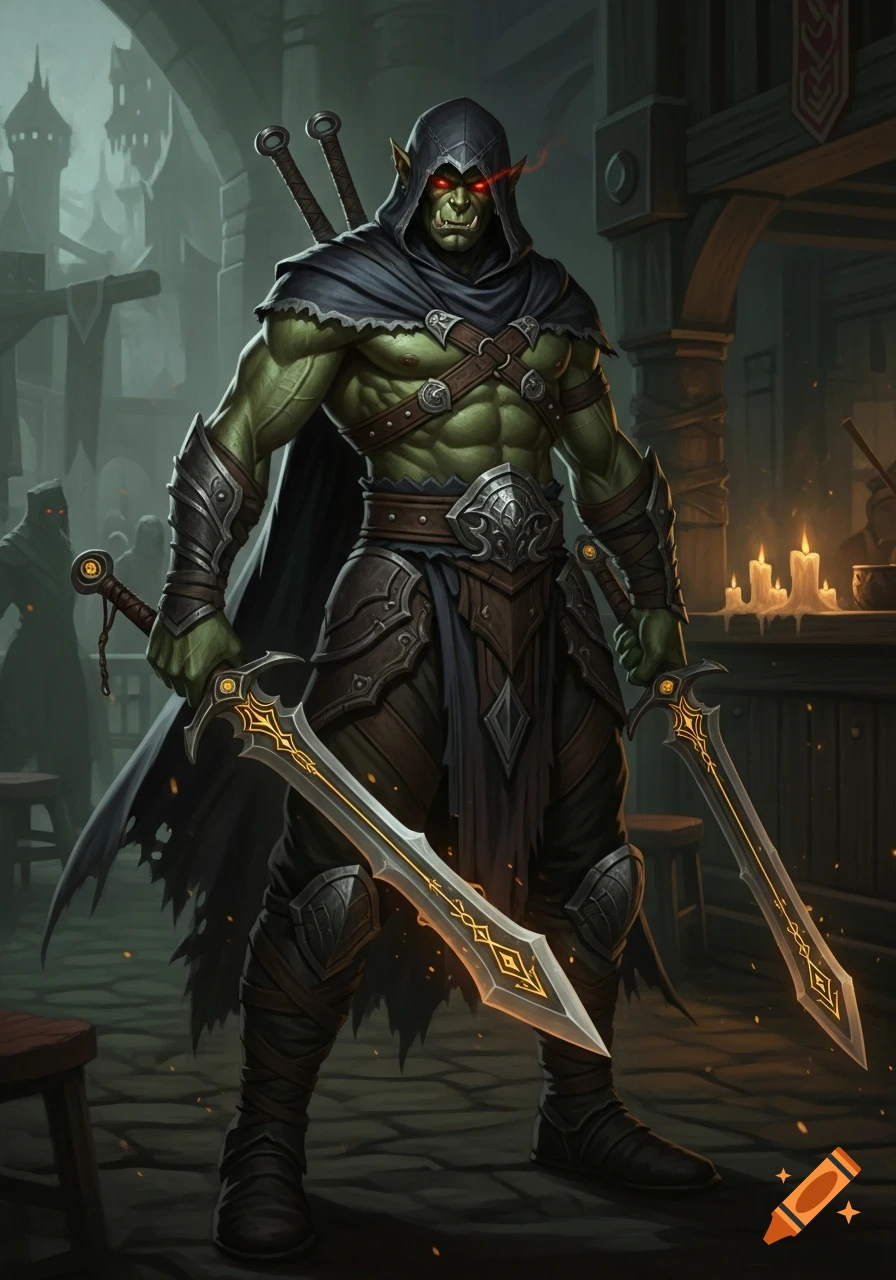 A muscular, green-skinned half-orc in a dark hooded cloak and armor stands in a shadowy interior, holding two glowing swords.