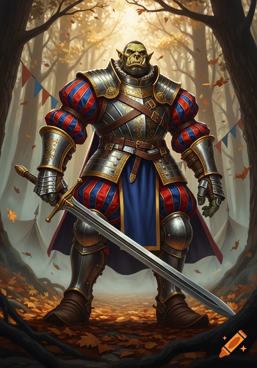 A powerful orc in ornate red, blue, and silver Landsknecht armor holds a sword in an autumn forest.