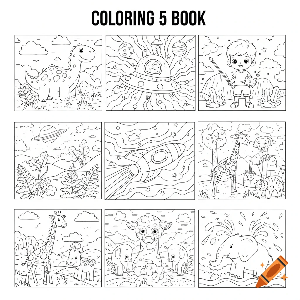 A grid of nine black and white line art coloring pages for children, featuring dinosaurs, space scenes, and various animals, titled "COLORING 5 BOOK".