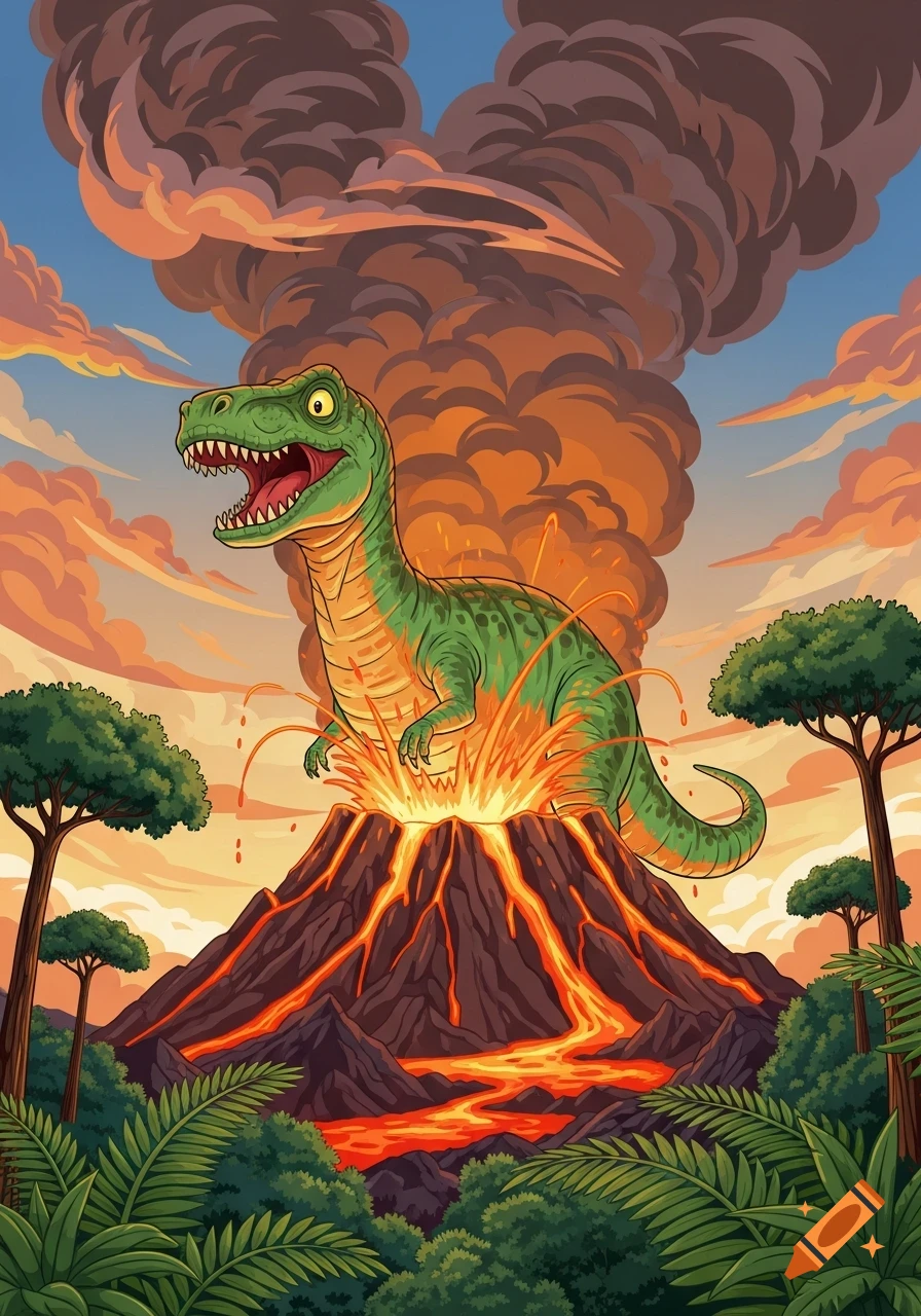Cartoon green dinosaur roaring atop an erupting volcano with orange lava and smoke against a sunset sky, surrounded by prehistoric plants.
