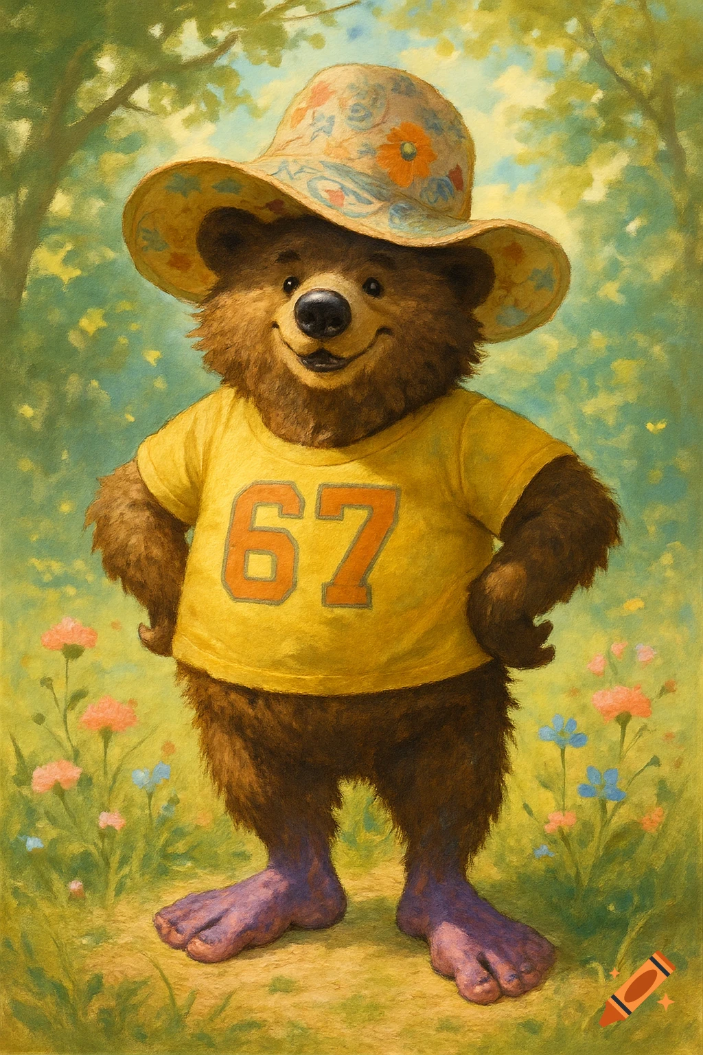 Smiling brown bear in a yellow '67' t-shirt and floral sun hat, with purple feet, standing in a whimsical green field. Painterly illustration.