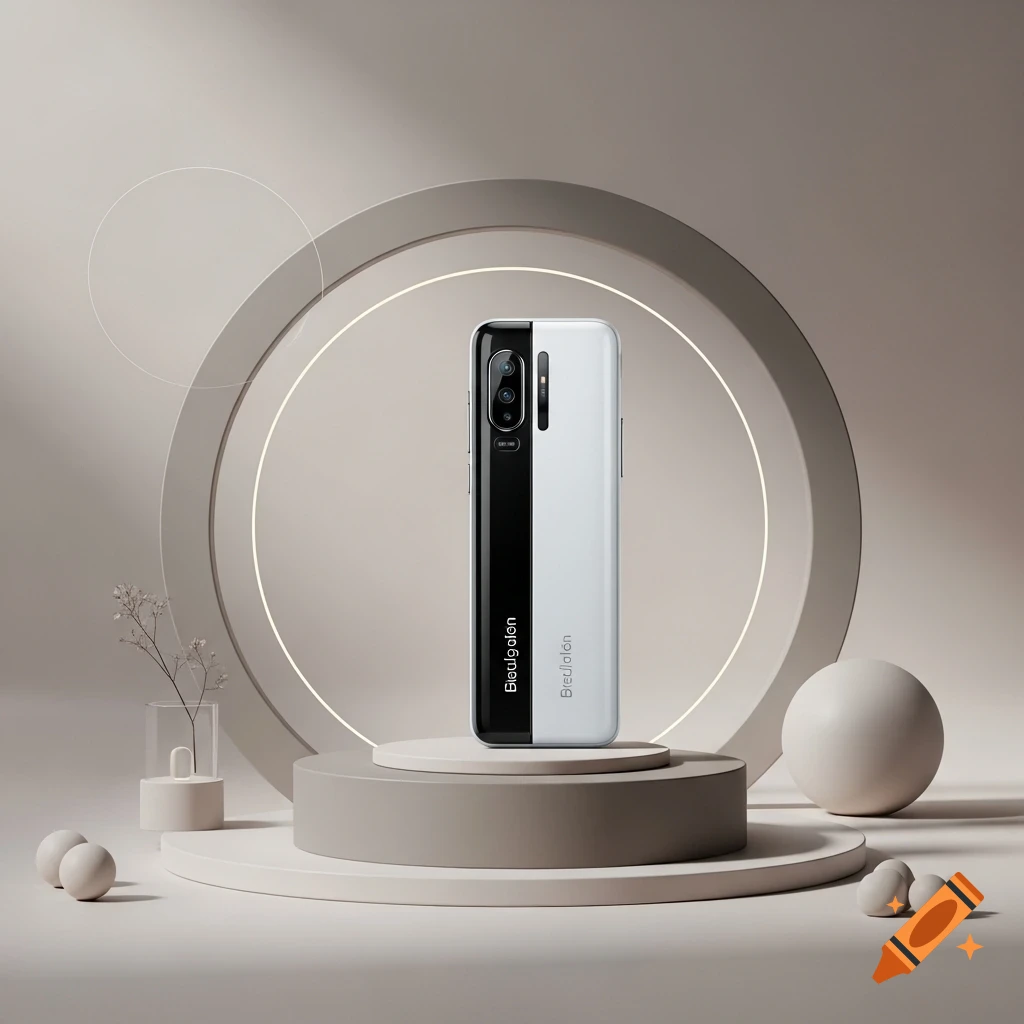 A black and white smartphone with a camera module stands vertically on a round gray pedestal amidst minimalist beige geometric shapes.
