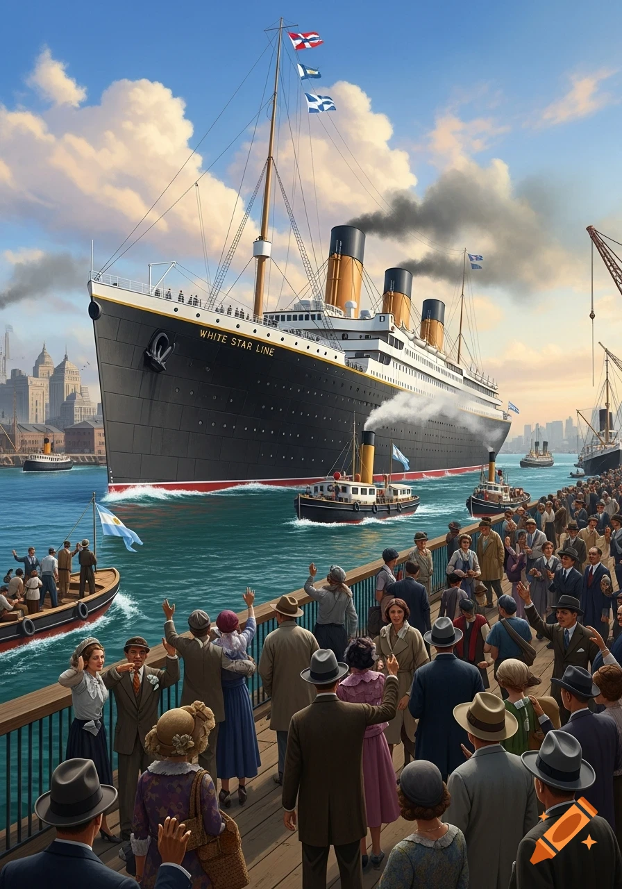 A large black and white ocean liner, 'WHITE STAR LINE', with four funnels sails past a pier filled with waving crowds and smaller boats.