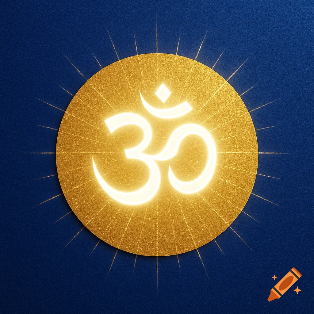 A glowing white Om symbol centered on a textured golden circle with radiating light rays, set against a deep royal blue background.