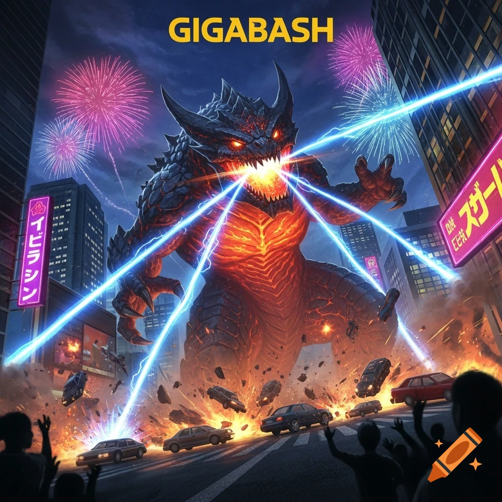 A giant, horned monster with glowing orange scales, firing blue energy beams, devastates a city under a night sky with fireworks, as people watch from below. The text "GIGABASH" is at the top.