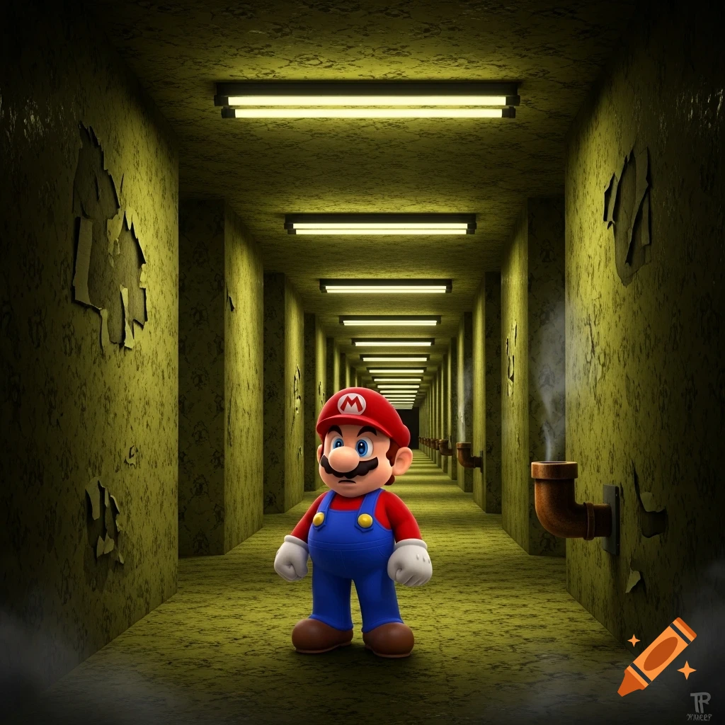 Mario stands in a long, dimly lit, dilapidated yellow hallway with peeling paint and pipes, looking forward.