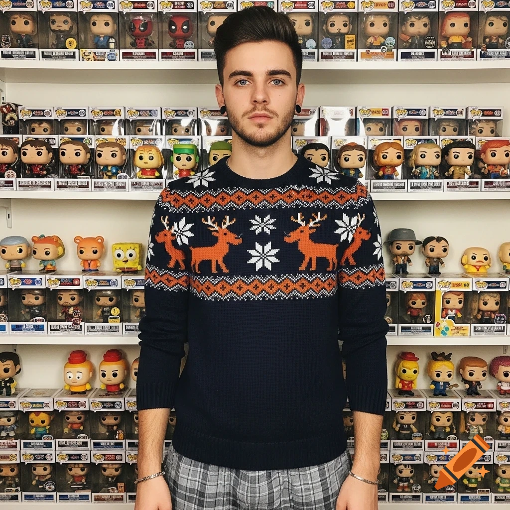 A young man in a dark blue Christmas sweater and plaid pajama pants stands seriously in front of shelves packed with Funko Pop figures.