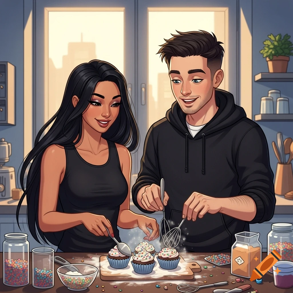 A cartoon couple, a woman with long black hair and a man with short brown hair, happily decorate cupcakes in a bright kitchen.