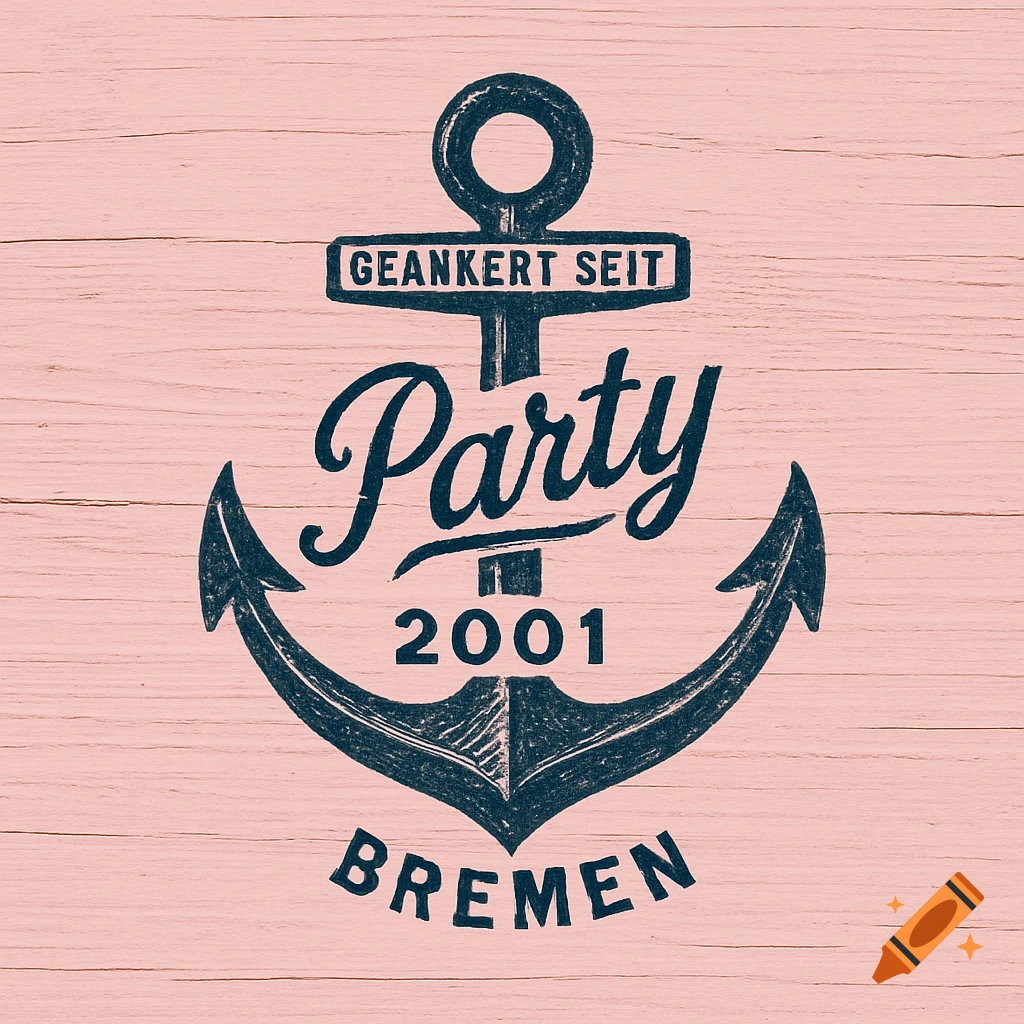 A vintage-style navy blue anchor logo on a pink wooden background, featuring text 'GEANKERT SEIT', 'Party', '2001', and 'BREMEN'.