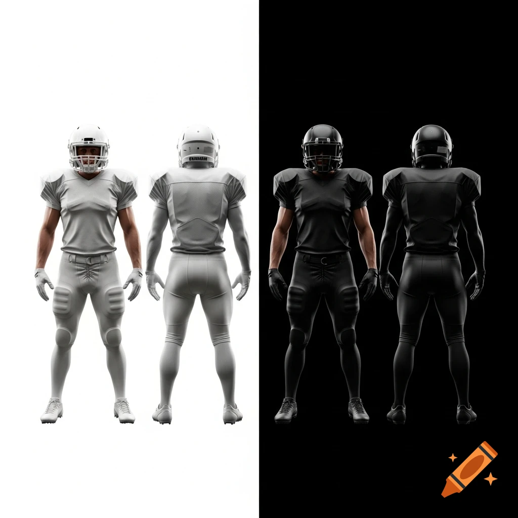 Four realistic American football players in various poses, two in white uniforms on a white background, two in black uniforms on a black background.