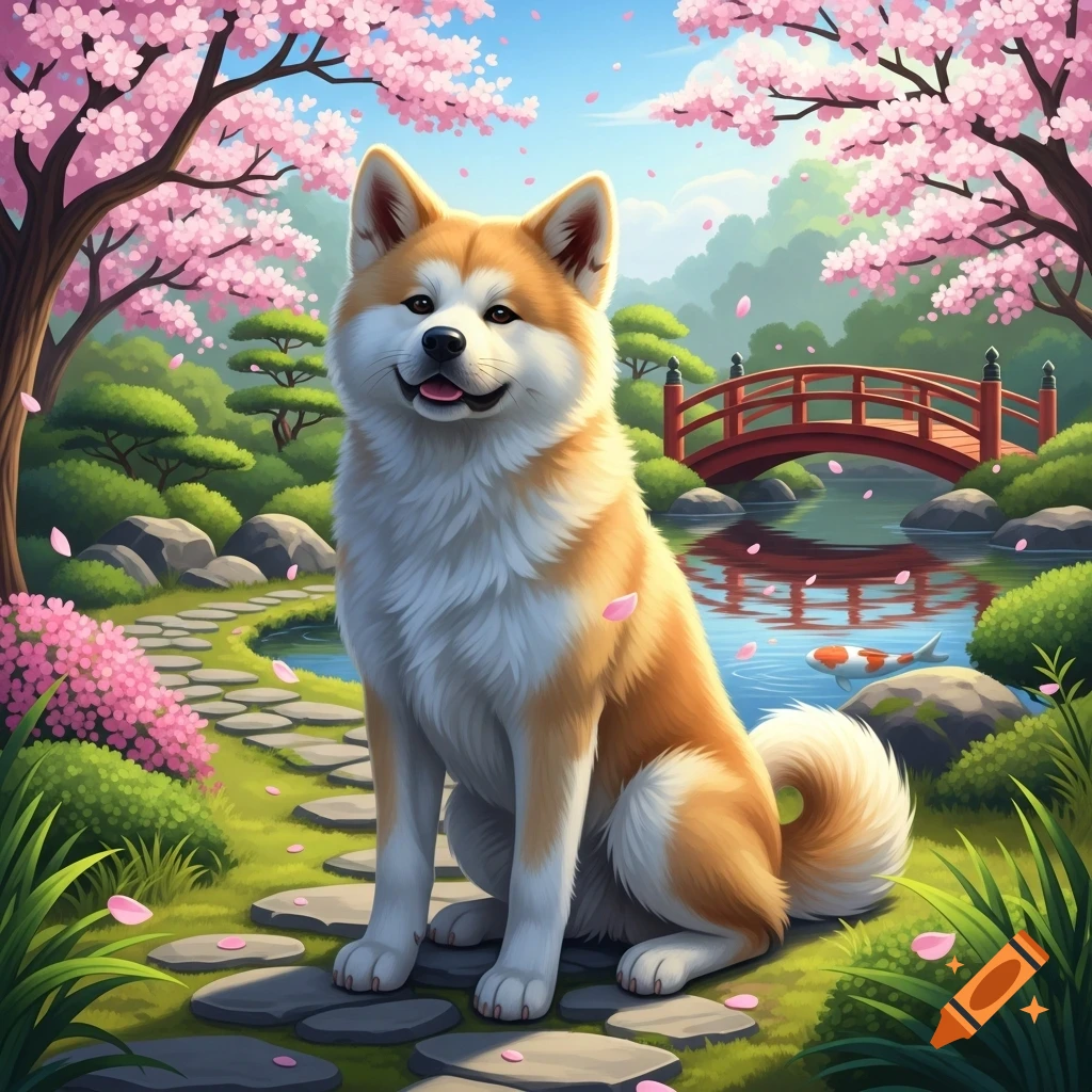 A cute fluffy Akita dog sits on a stone path in a vibrant Japanese garden with pink cherry blossoms, a red bridge, and a koi fish.