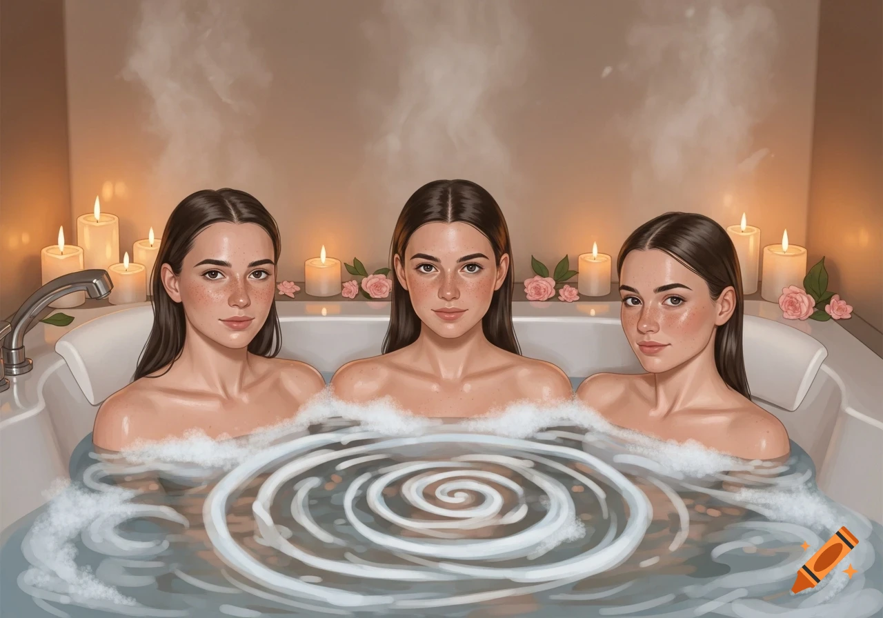 Three young women with long dark hair sit in a bubble bath surrounded by candles and roses, depicted in a soft, painterly style.