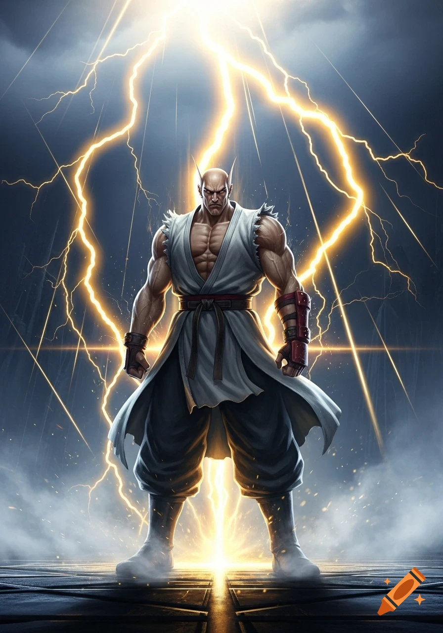 Muscular Heihachi from Tekken stands powerfully amidst a storm of golden lightning against a dark sky.
