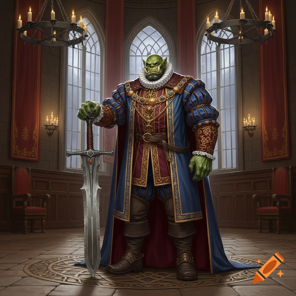 A large green orc in ornate blue and red renaissance clothing, holding a two-handed sword, stands in a grand castle hall.