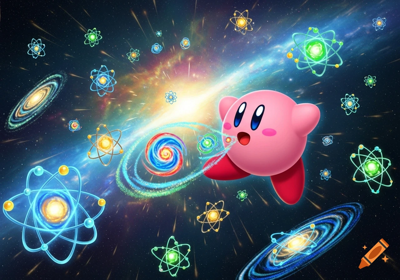 Kirby floats in a vibrant cosmic background, surrounded by glowing atomic models, planets, and galaxies.