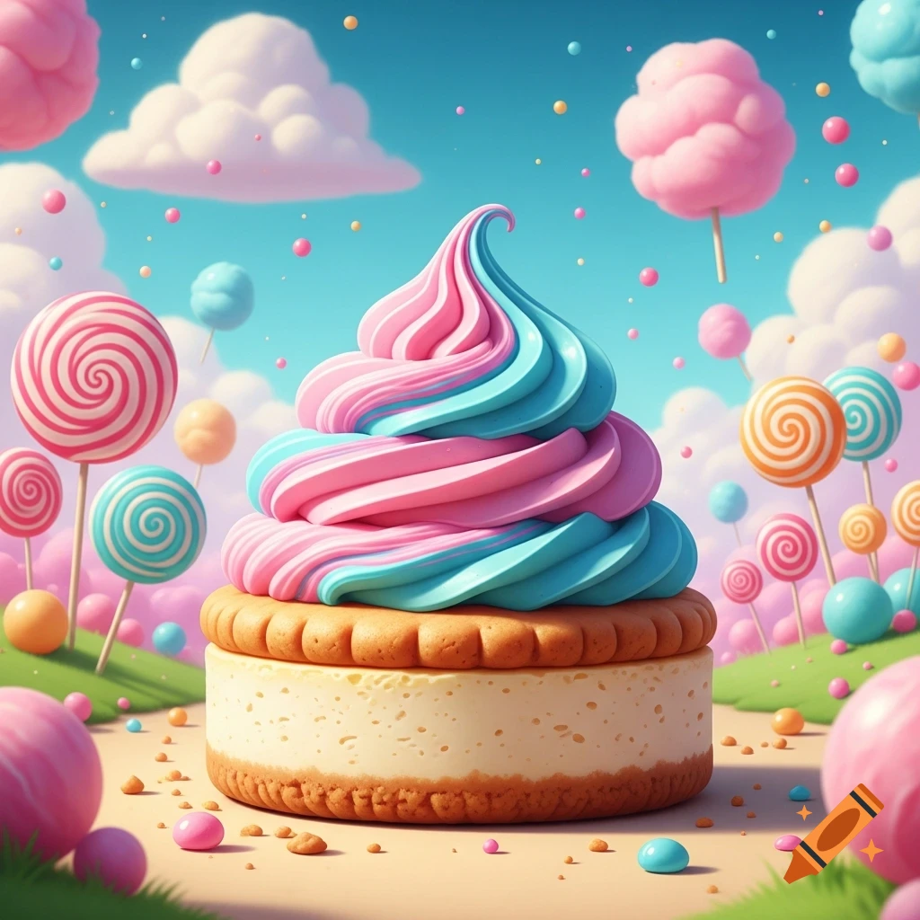A cheesecake-like dessert topped with pink and blue swirled frosting sits in a whimsical candy land with lollipops, cotton candy clouds, and sprinkles.