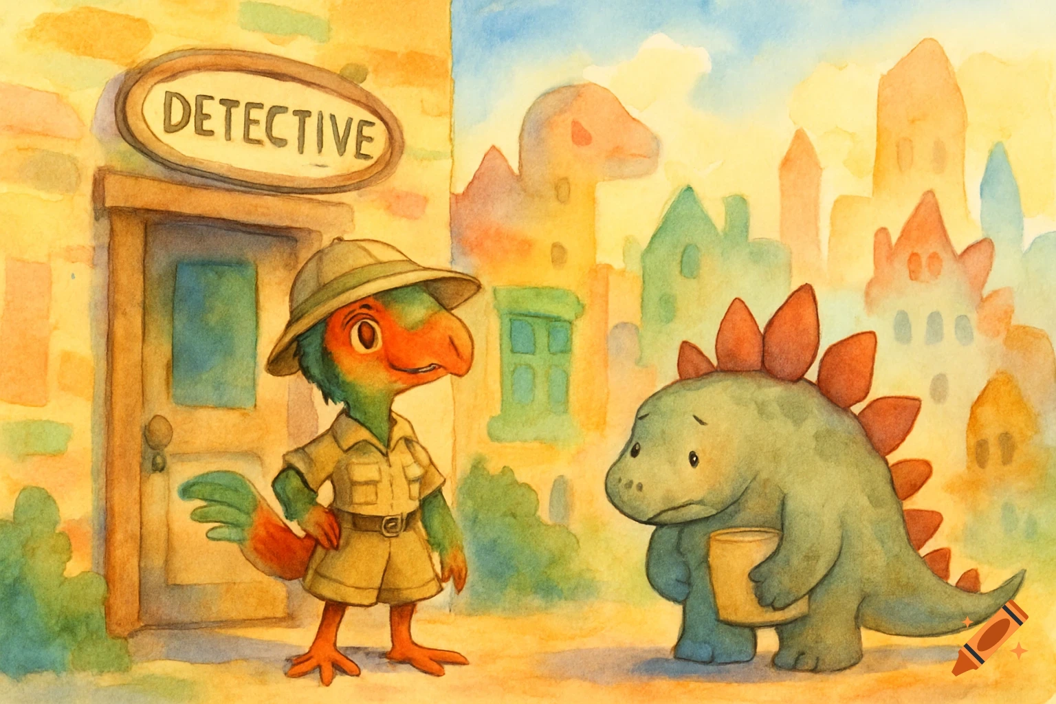 Watercolor of a confident oviraptor detective in safari gear and a shy stegosaurus teacher with a notebook in front of a detective office.