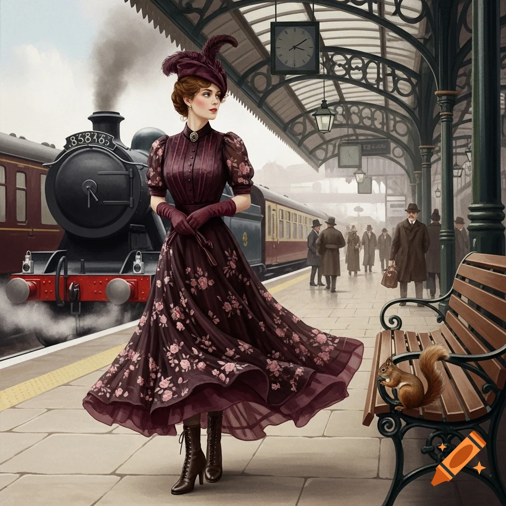A Victorian woman in a dark burgundy dress and feathered hat stands on a train platform with a steaming train behind her and a squirrel on a bench, in an impressionist painting style.