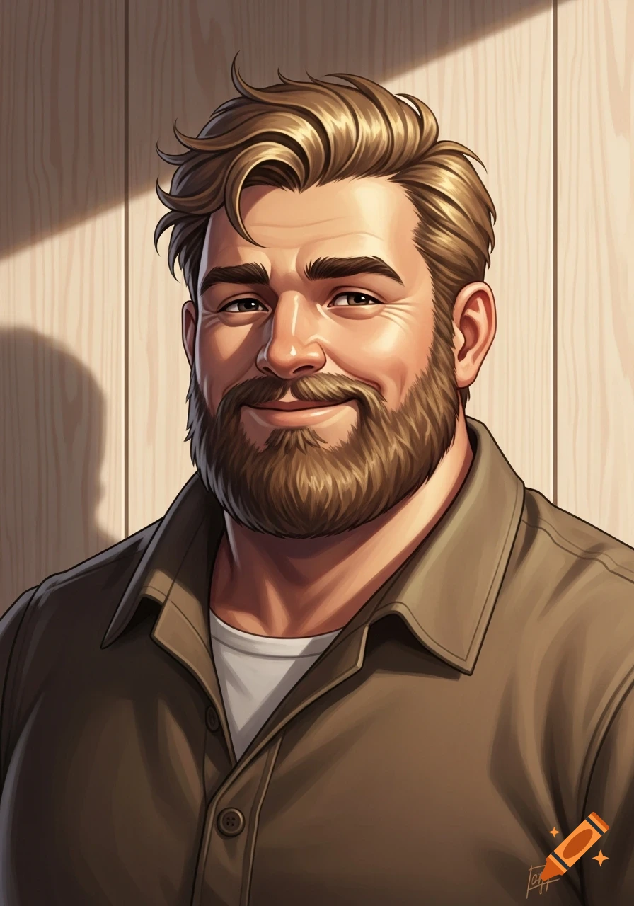 Illustrated portrait of a smiling man with blonde hair and a beard, wearing a brown shirt, against a wooden background.