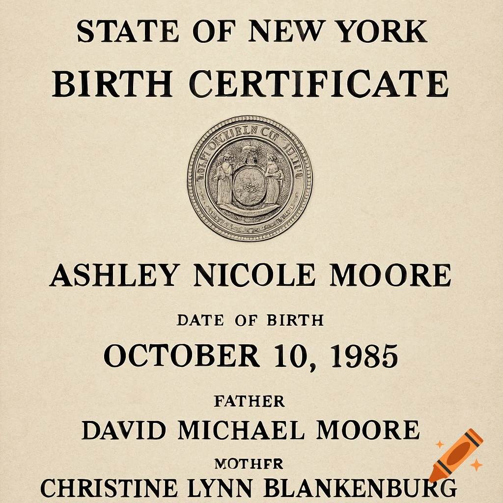 An official-looking New York birth certificate on textured paper for Ashley Nicole Moore, born October 10, 1985, with parents David Michael Moore and Christine Lynn Blankenburg. An official seal is in the center.