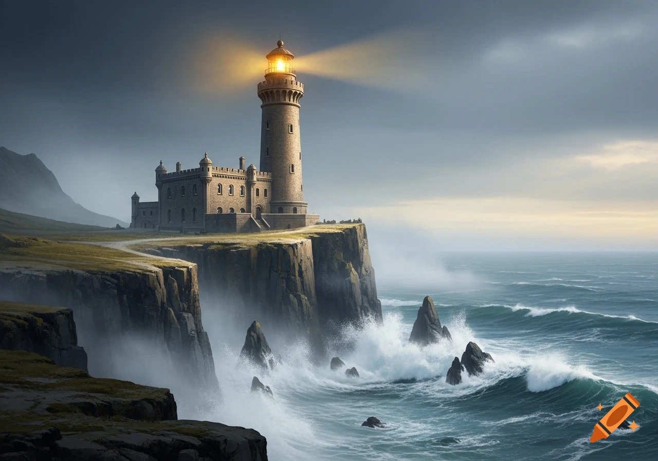 A majestic lighthouse and stone castle sit atop a rugged cliff overlooking a stormy, blue-green ocean.