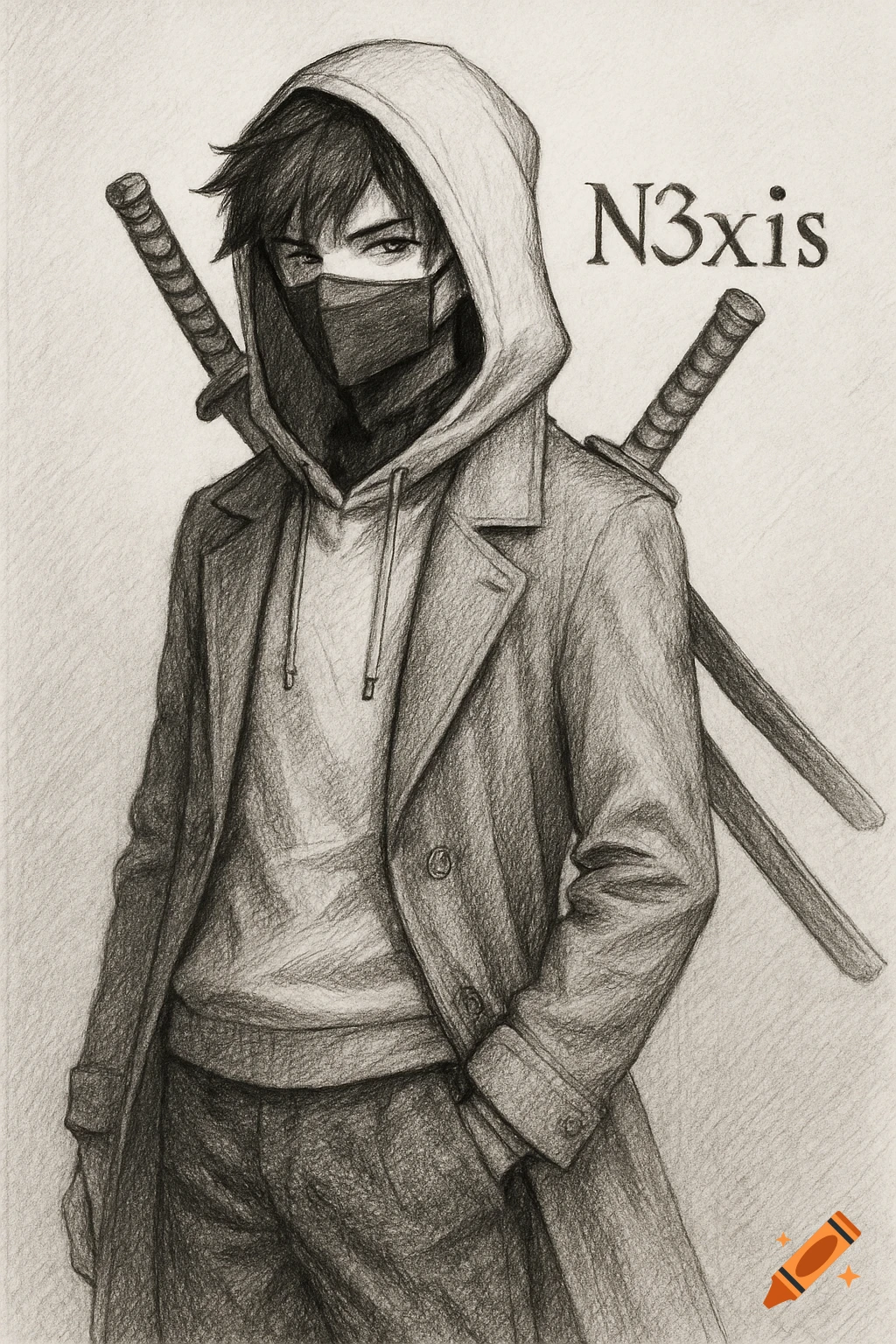 Pencil drawing of an anime character wearing a hood, mask, and long coat, with katanas on his back. Text 'N3xis' visible.