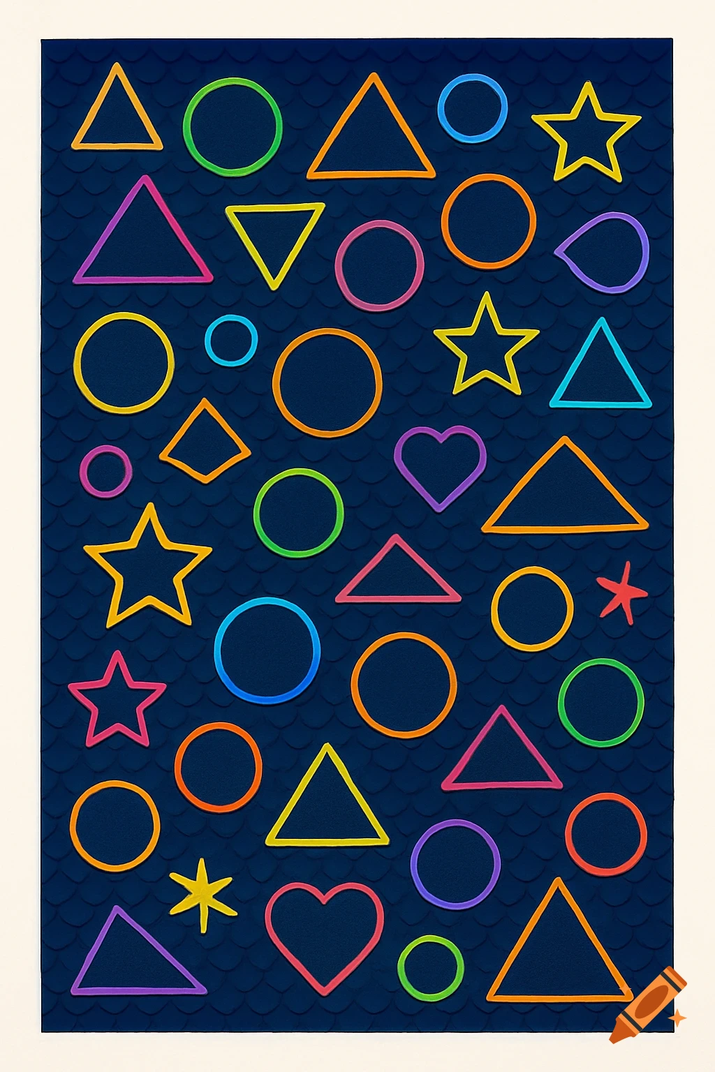 Multicolor neon outlined geometric and organic shapes like triangles, circles, stars, and hearts on a dark blue background with a subtle fish scale pattern.