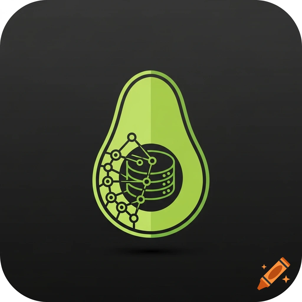 Minimalist app icon with a green avocado containing abstract graph database nodes and server stack on a dark background.