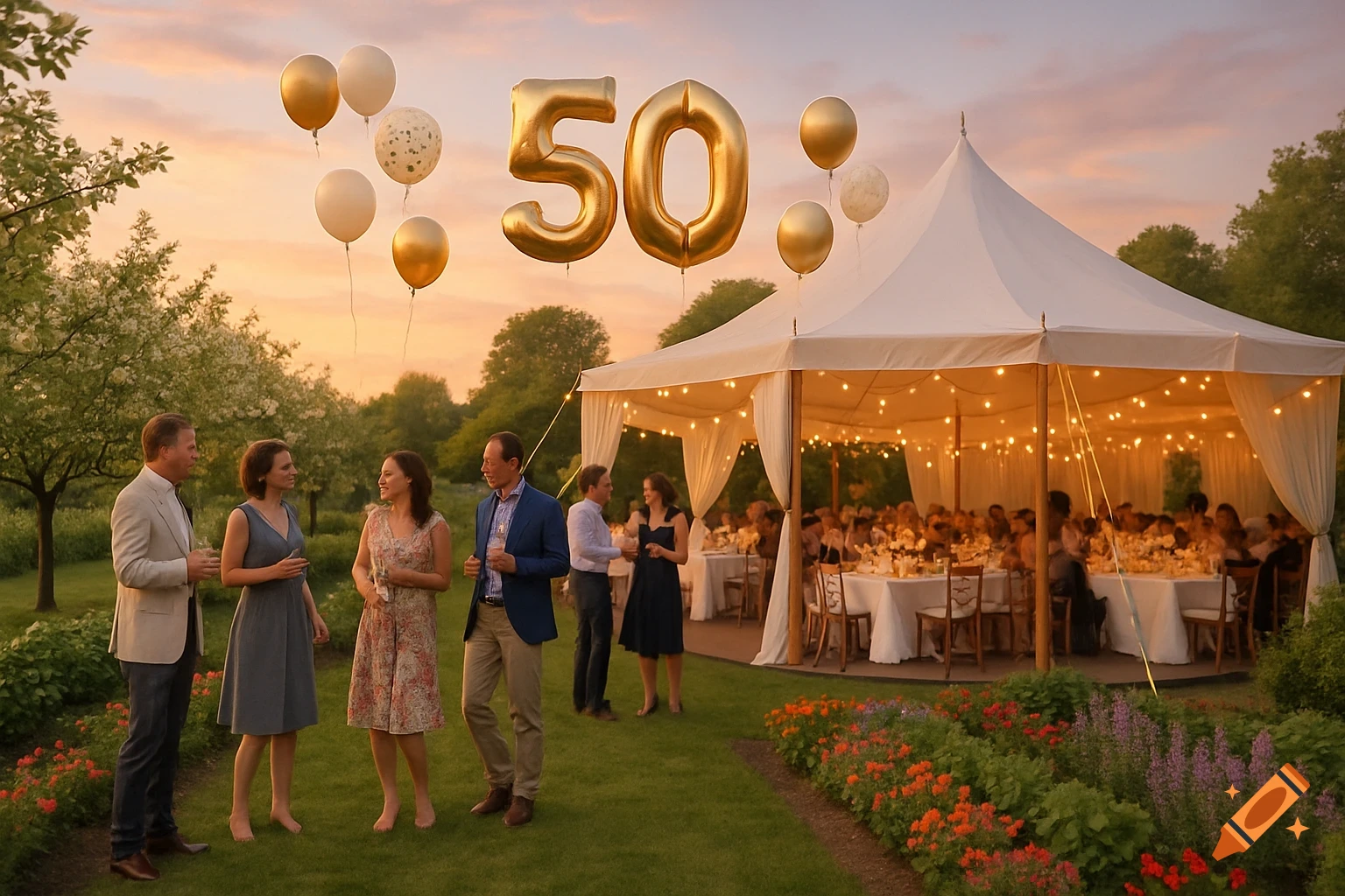 An outdoor evening garden party with a white tent, string lights, guests, and golden 50 balloons against a sunset sky.