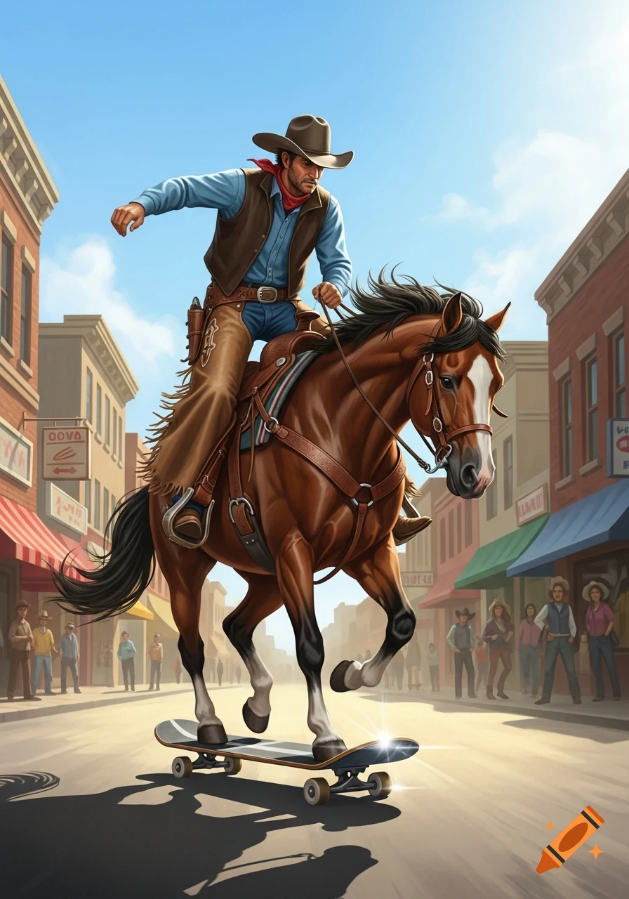 A stylized illustration of a cowboy riding a horse on a skateboard down a main street in a Western town.