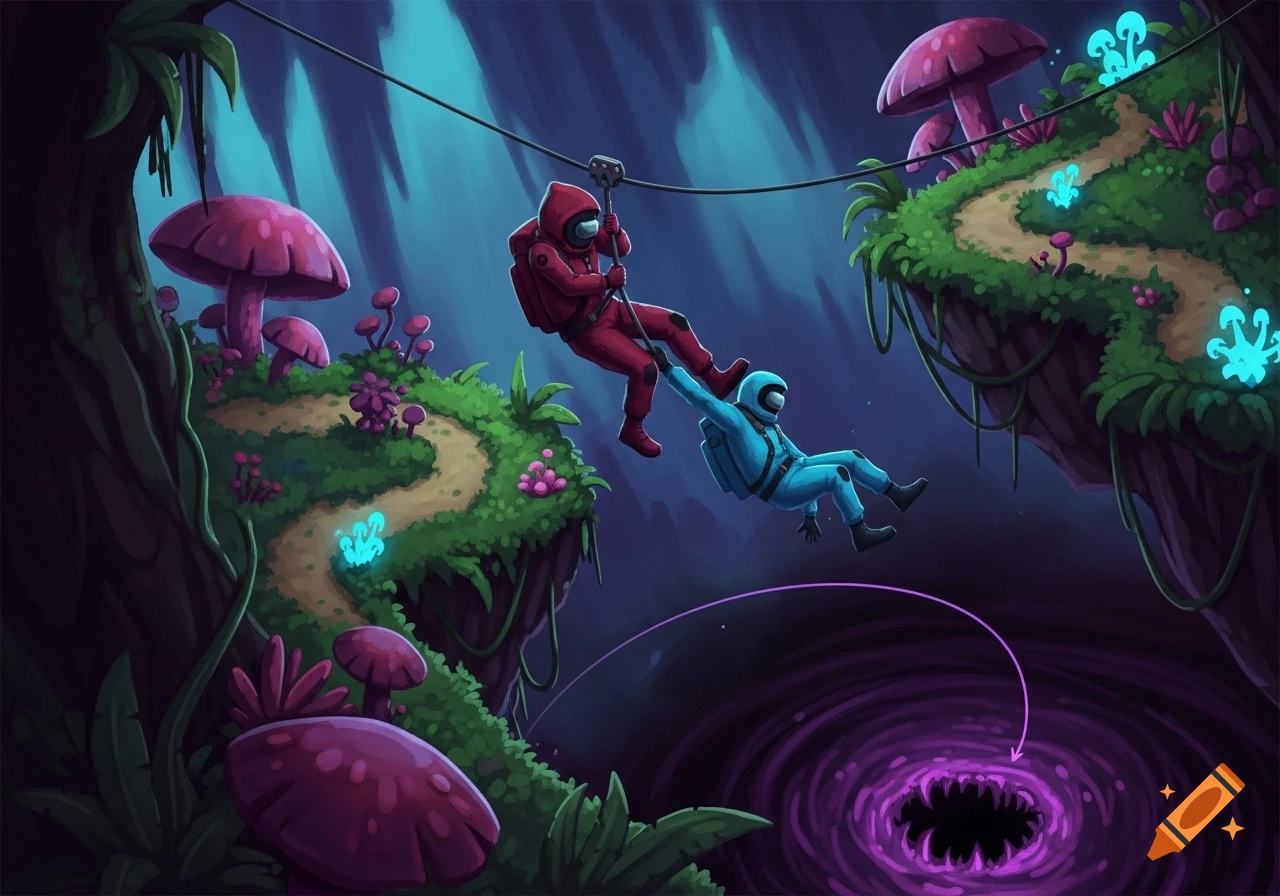 Among Us characters zipline over a toothy void in a vibrant fantasy mushroom jungle illustration.