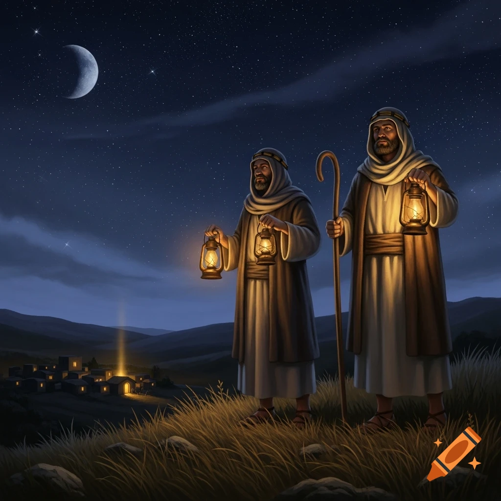 Two shepherds holding lanterns stand on a grassy hill, gazing at a distant village under a crescent moon and starry night sky.