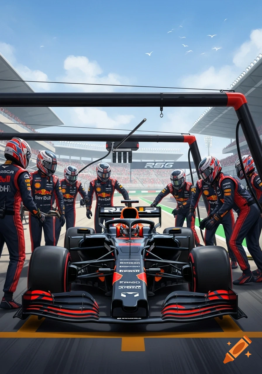A Formula 1 car during a pit stop, surrounded by its racing team members on a track under a blue sky.