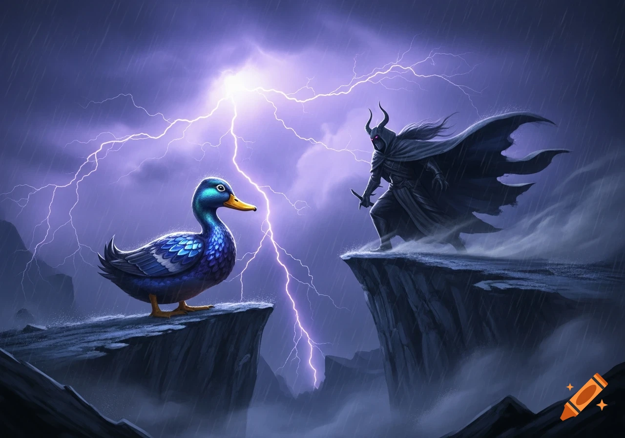 A blue duck and a dark cloaked villain stand on jagged cliffs under a stormy, lightning-filled sky.